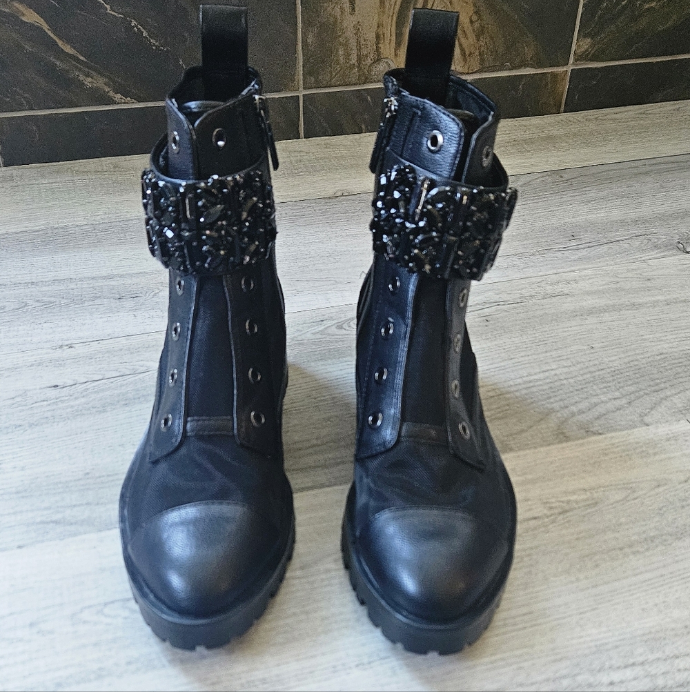 NEW Karl Lagerfeld Summer Mesh Black Leather PIPPA Combat Boots Lug Sole 7.5 - Picture 5 of 12